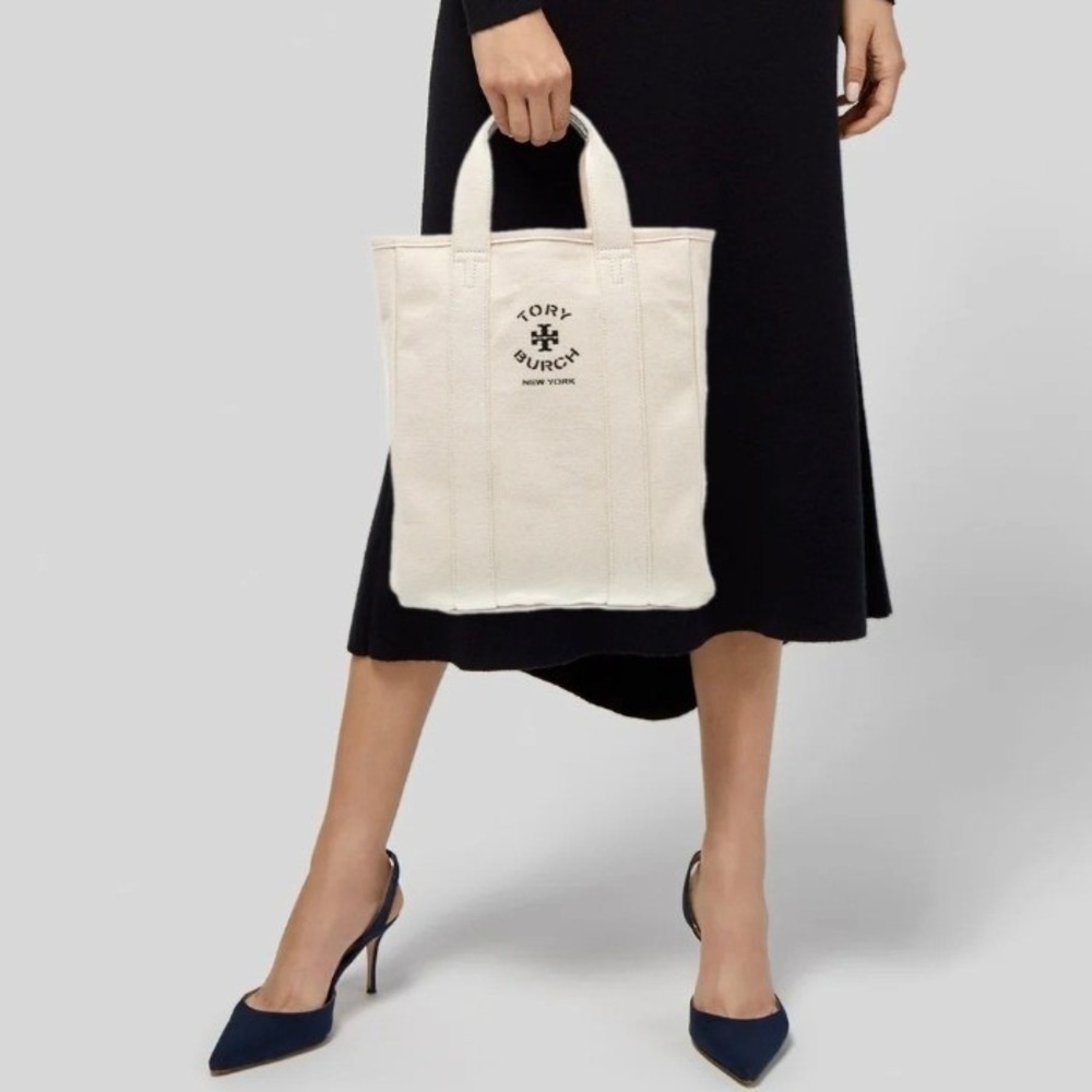 Tory Burch Canvas Market Tote Bag Cream Canvas Leather Handle 10008684 New York‎